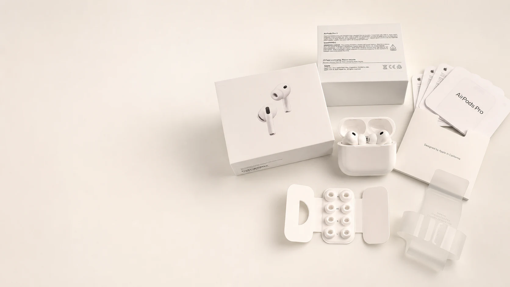 AirPods Pro 3 retail set with charging case, packaging and accessories