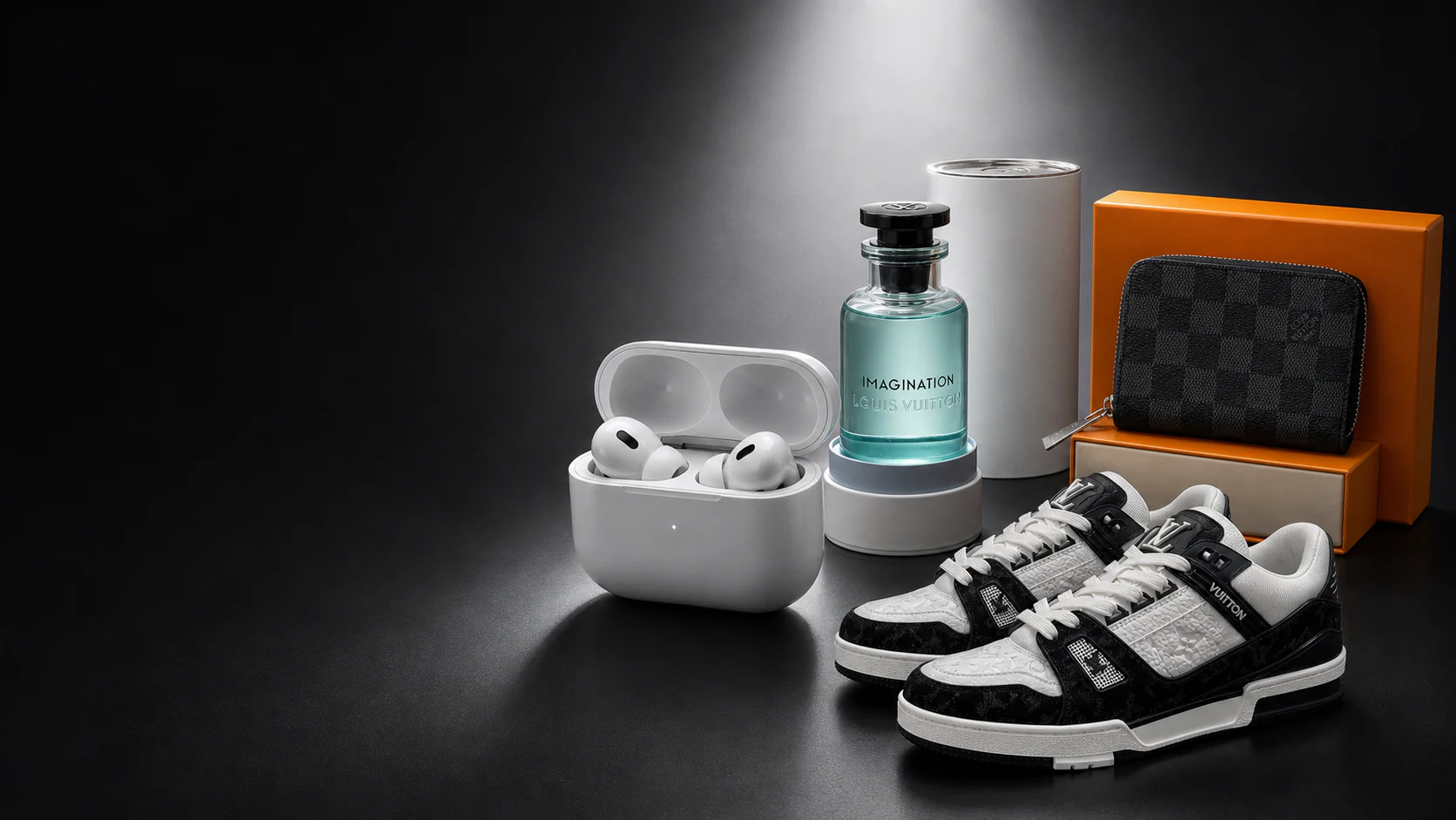 AirPods Pro 3, Imagination perfume, luxury shoes and zip wallet in a graphite product studio